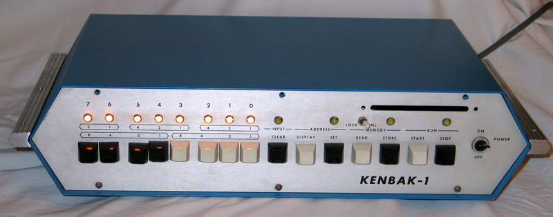 The Kenbak-1 powered on with the lights glowing